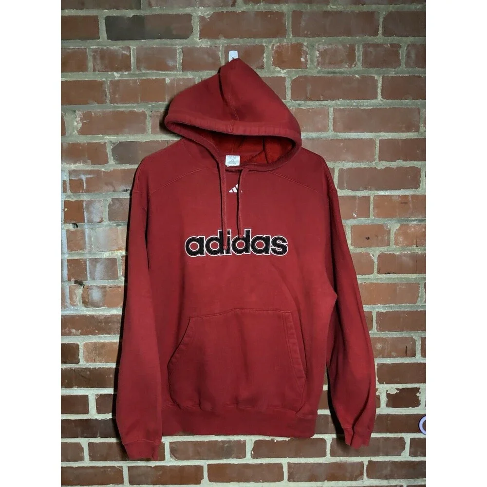Vintage Y2K Red Adidas Hoodie Pullover Spell Out Center Logo Adult Medium